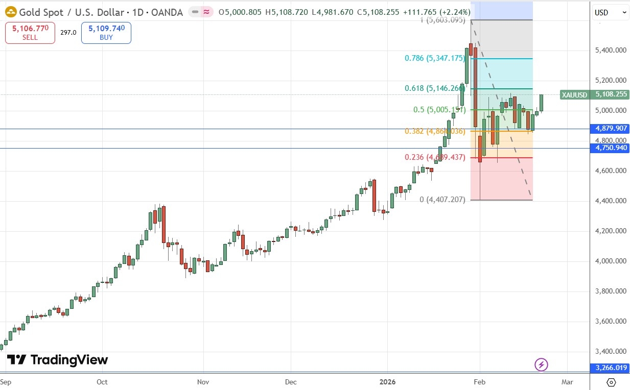 Gráfico diario del precio del Oro - 22/02/2026