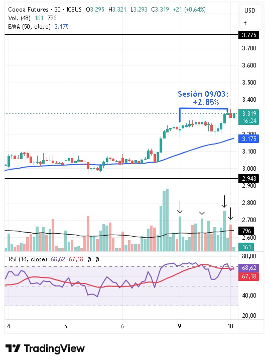 Gráfico intradiario de 30 minutos del cacao 10/03/2026