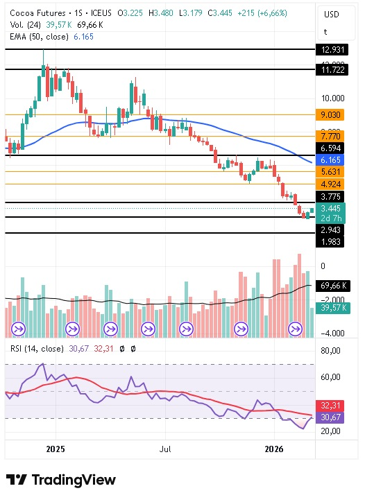 Gráfico semanal del cacao 11/03/2026
