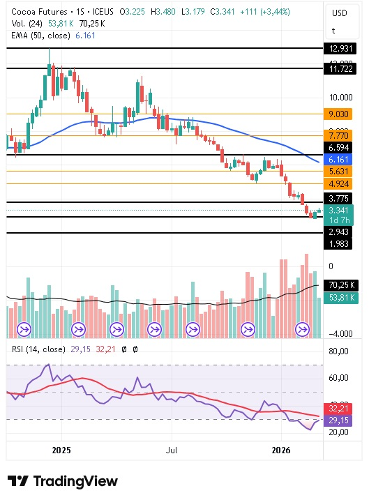 Gráfico semanal del cacao 12/03/2026