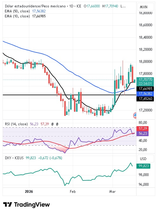 Gráfico Diario del par USD/MXN 17/03/2026