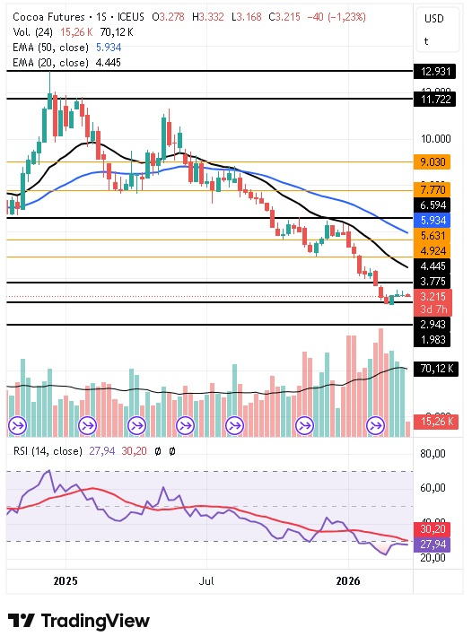 Gráfico semanal del cacao 24/03/2026
