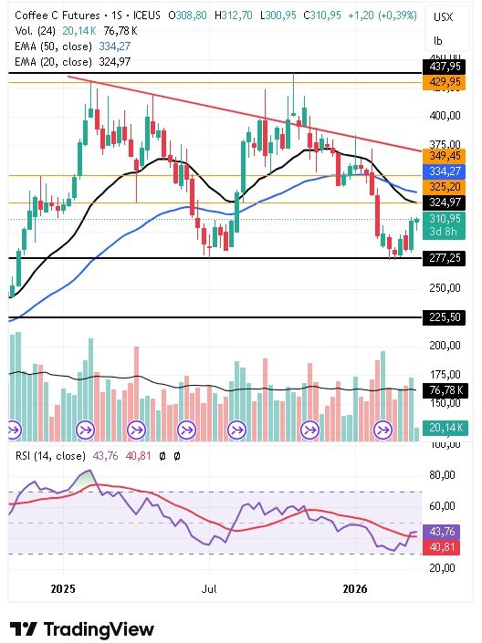 Gráfico semanal del café arábica 24/03/2026