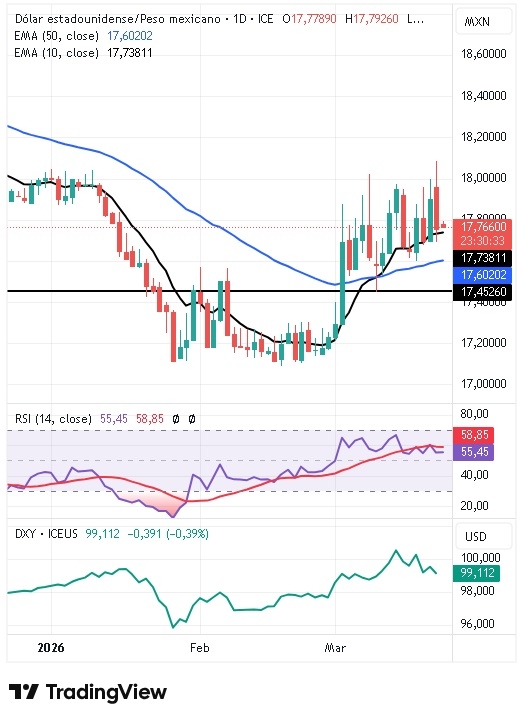 Gráfico Diario del par USD/MXN 24/03/2026