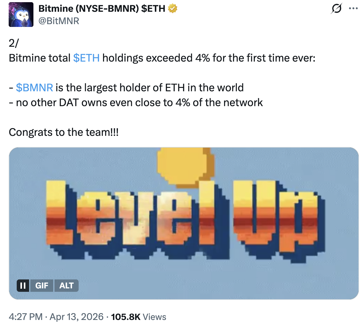 Fuente: X/Bitmine 14/04/2026 Fuente: X/Bitmine 14/04/2026