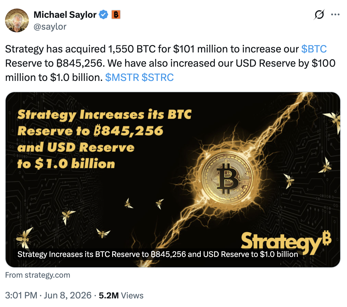 Strategy suma 1.550 BTC. Fuente: X/Michael Saylor