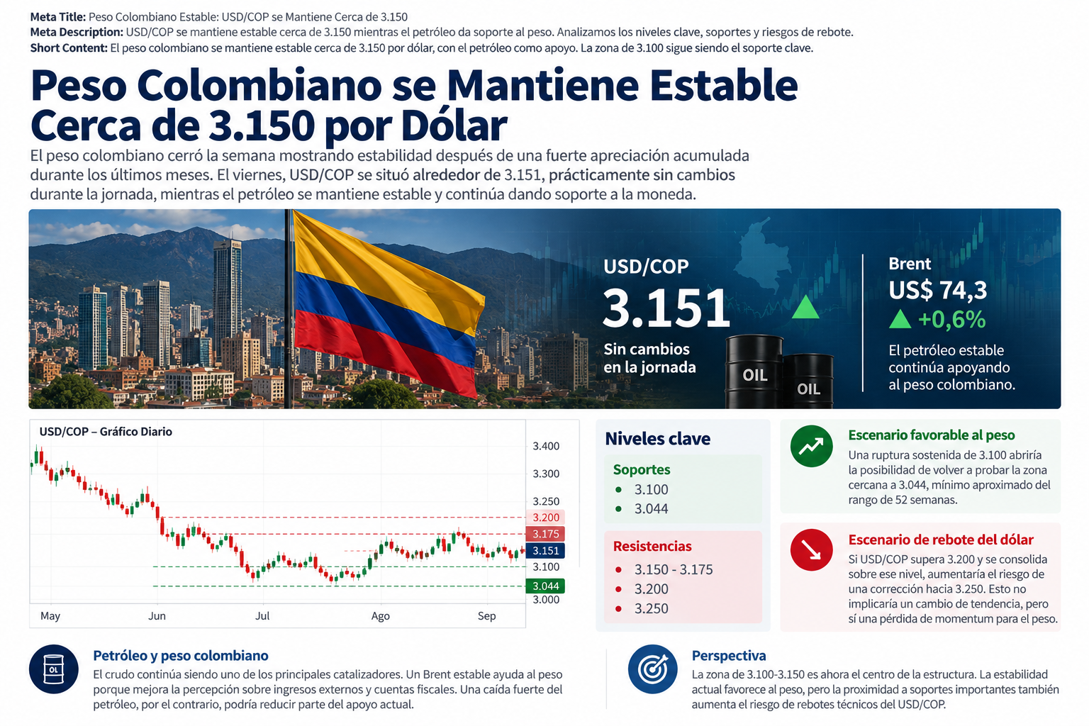 USD/COP se mantiene cerca de 3.150 mientras el petróleo continúa siendo un catalizador relevante para el peso colombiano. 07/09/2026