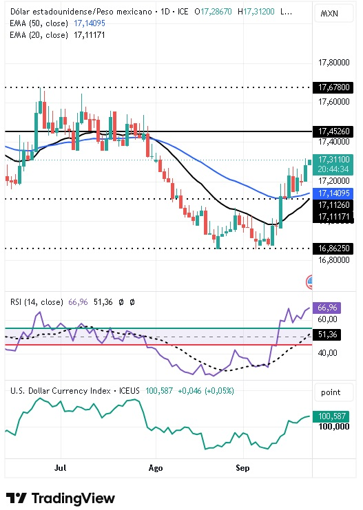 Gráfico Diario del par USD/MXN 23/09/2026 Gráfico Diario del par USD/MXN 23/09/2026