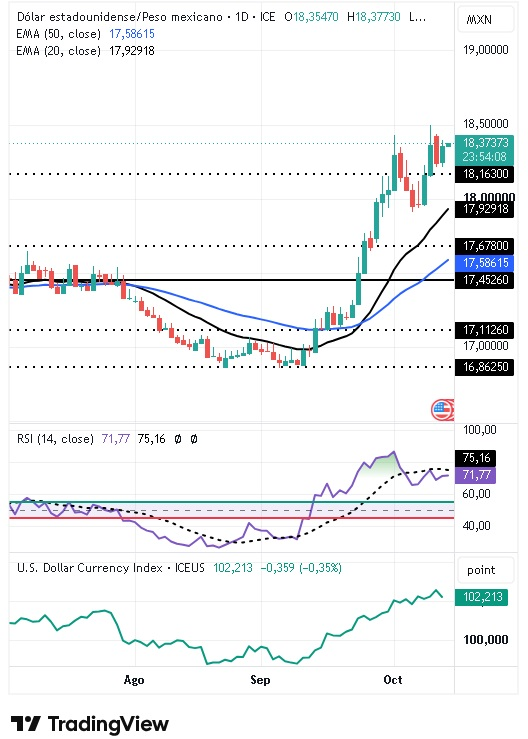 Gráfico Diario del par USD/MXN 14/10/2026