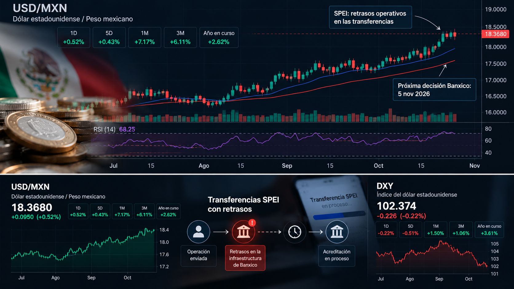  USD/MXN y DXY, junto con el contexto operativo de SPEI basada en TradingView 18/10/2026

