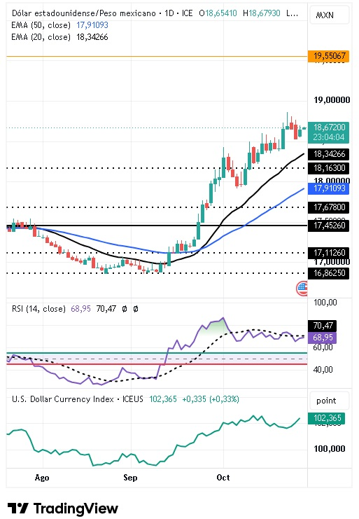 Gráfico Diario del par USD/MXN 28/10/2026